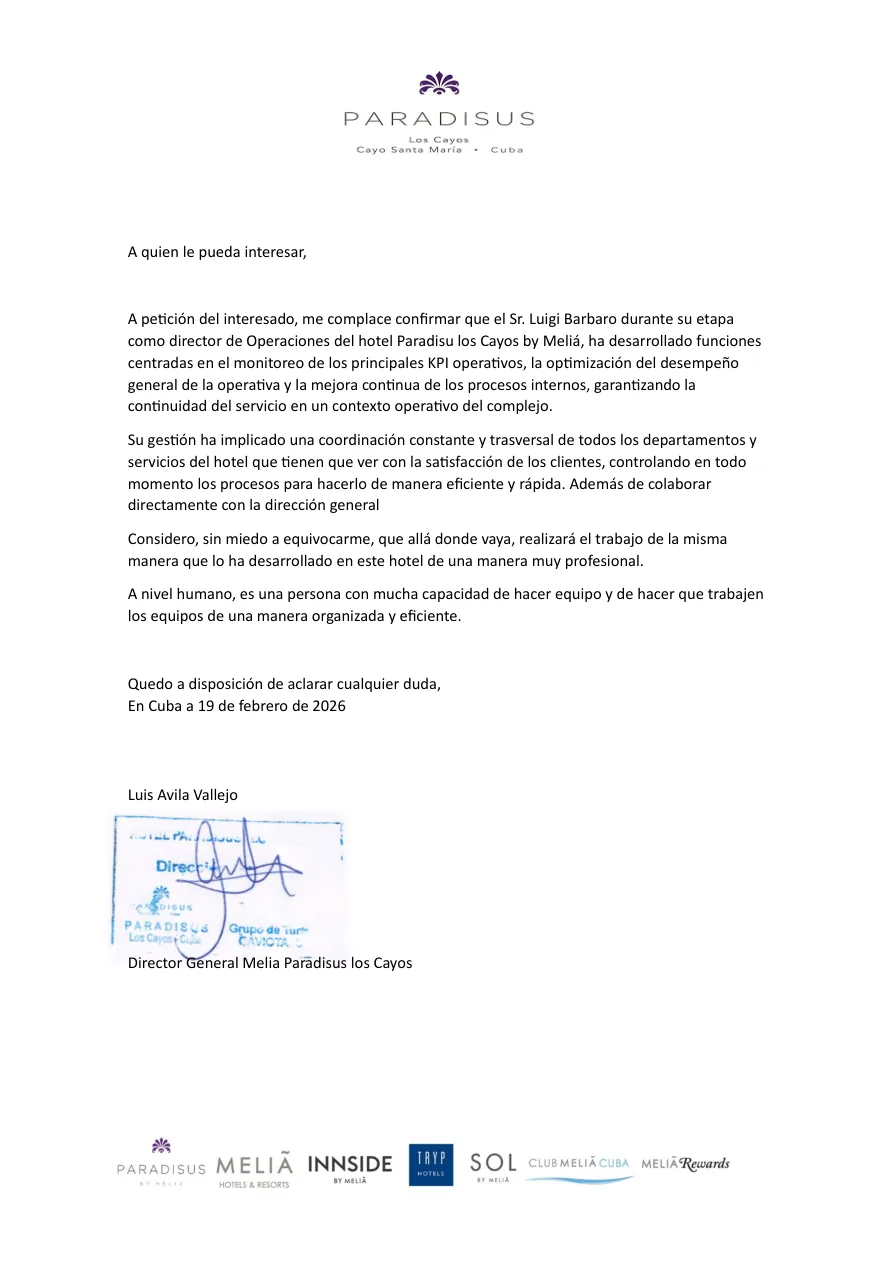 Anteprima della lettera di raccomandazione firmata dalla Direzione Generale del Paradisus Los Cayos