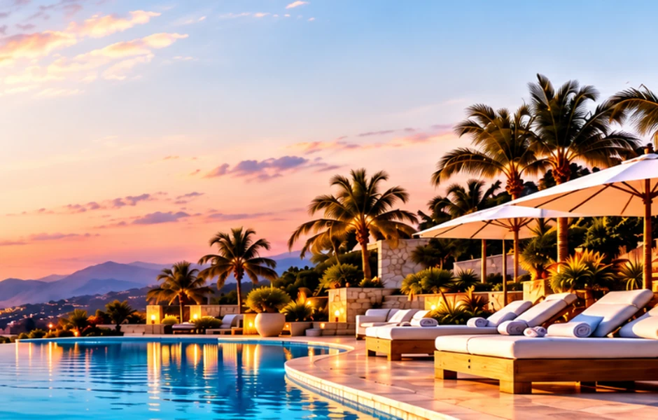 Illustrative seaside resort infinity pool at sunset