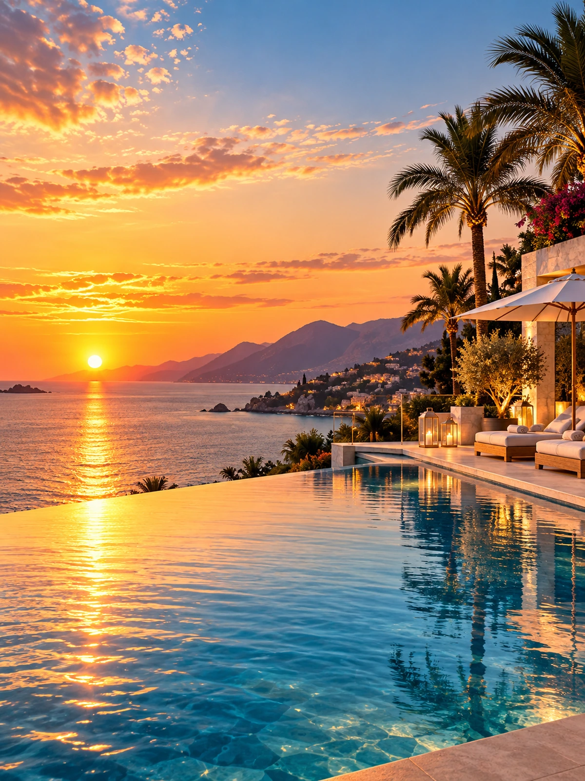 Luxury coastal resort at sunset